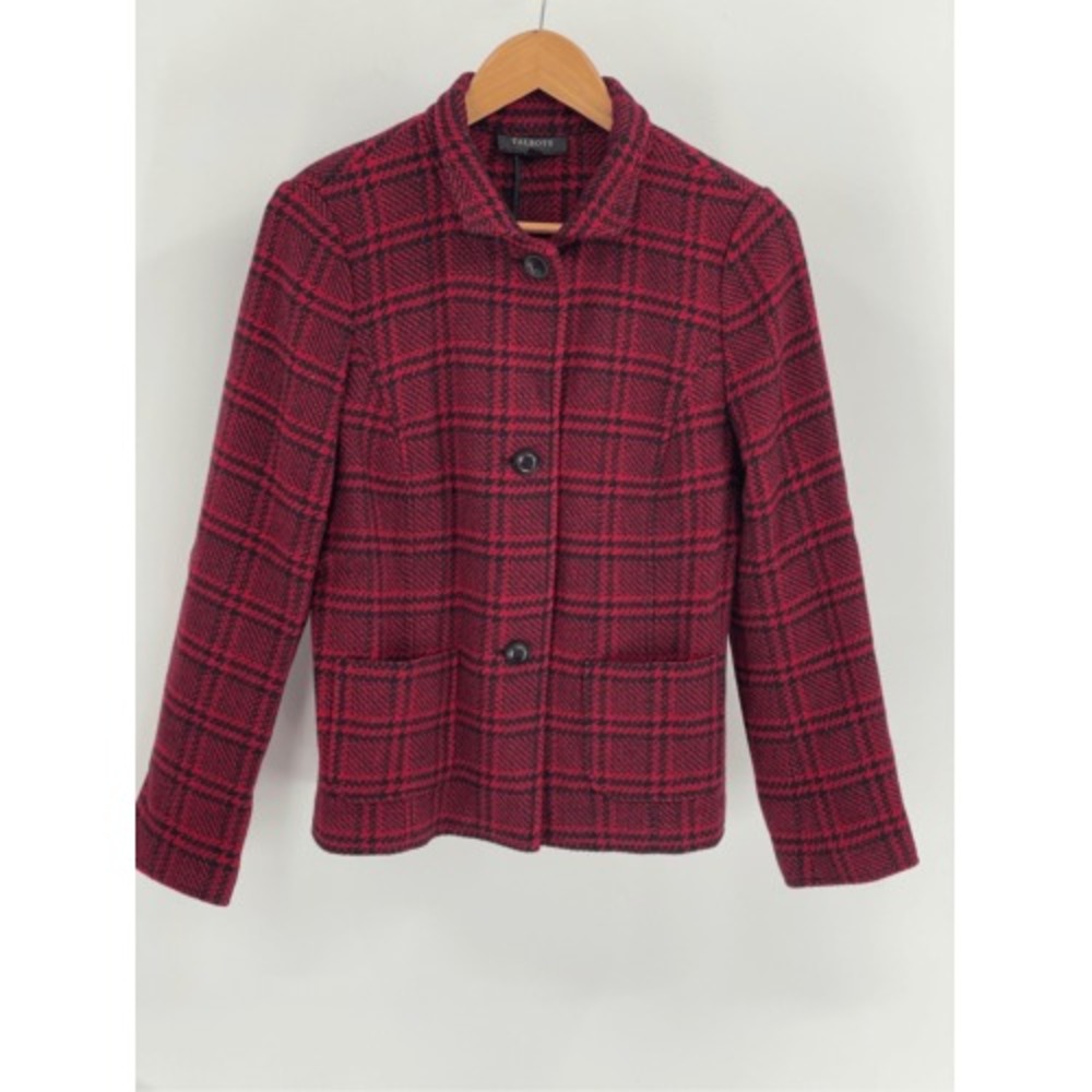 Talbots Blazer Jacket Women 10 Plaid Red Black Check Button Front Wool Blend - Picture 3 of 13